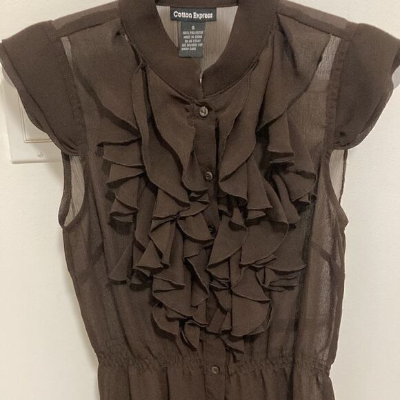 Cotton Express Women’s Semi Sheer Ruffle Button Front Blouse in Brown. Size S. - Picture 4 of 10